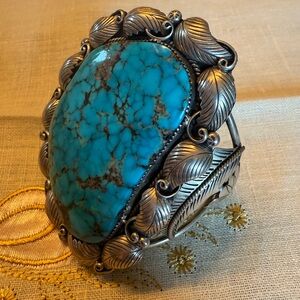 Turquoise and Silver Leaf Design Cuff Bracelet